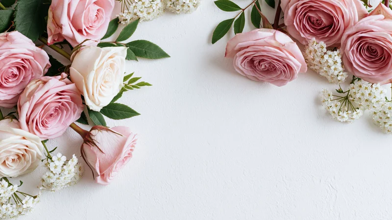 Pink roses and white blossoms arranged along the top edges of a white surface with copyspace in the center