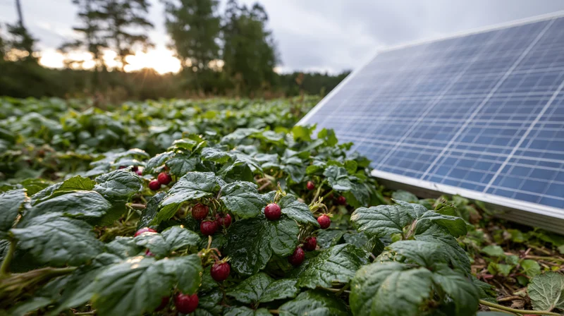 Raspberry plants growing in a garden beside a solar panel at dusk