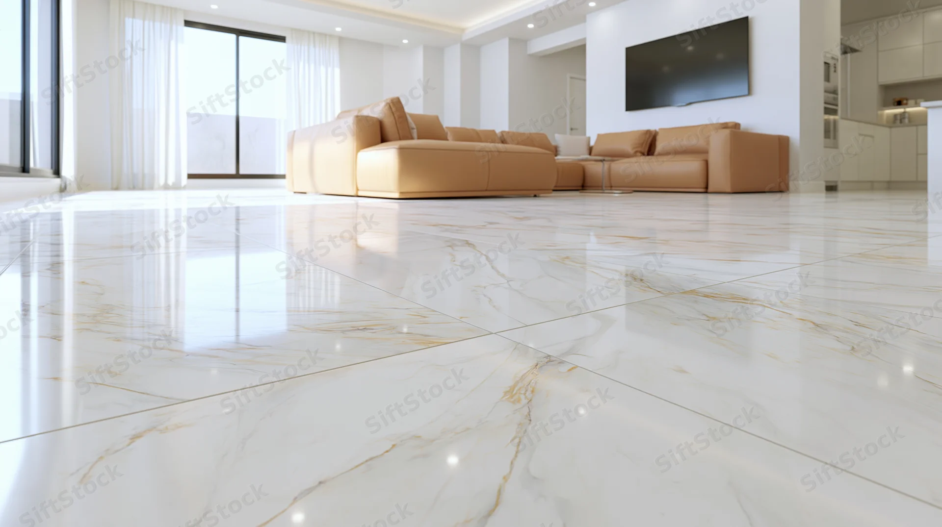 Modern living room with polished white marble floor and beige sofa near large windows