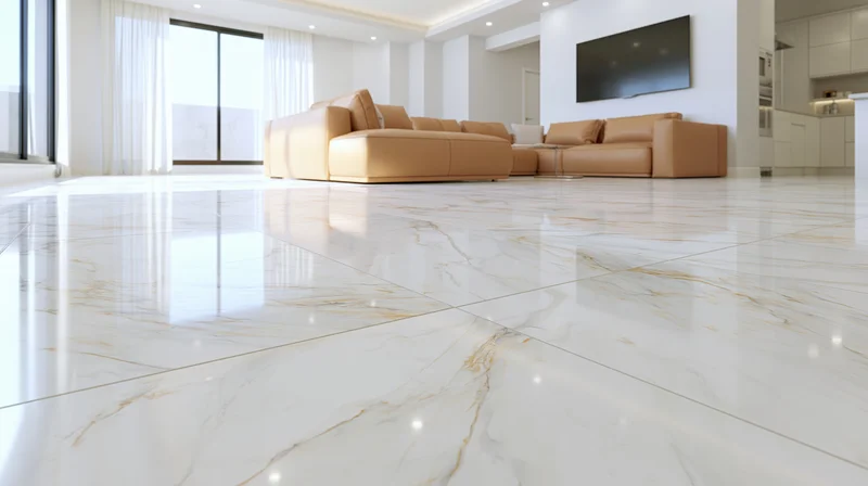Modern living room with polished white marble floor and beige sofa near large windows