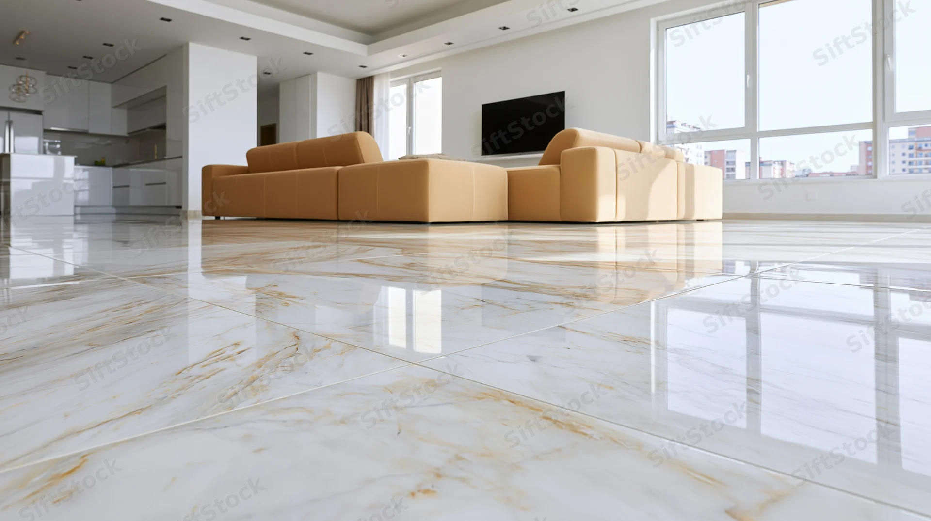 Spacious modern living room with polished white marble floors and beige sofa near large windows