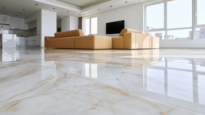 Spacious modern living room with polished white marble floors and beige sofa near large windows