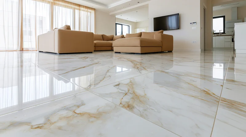 Spacious modern living room with polished white marble floors and beige sectional sofa near large windows