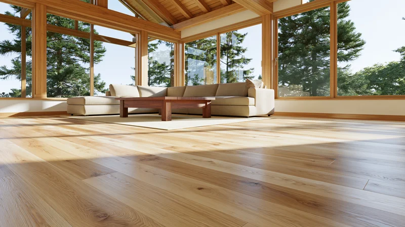 Spacious open-plan living room with wooden floors and large windows overlooking trees