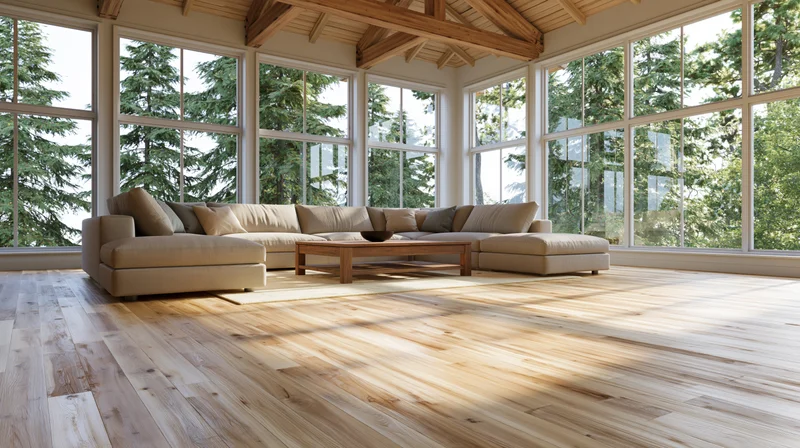 Spacious open-plan living room with sectional sofa and large windows overlooking forest, hardwood floor and exposed wooden beams, natural light filling the space