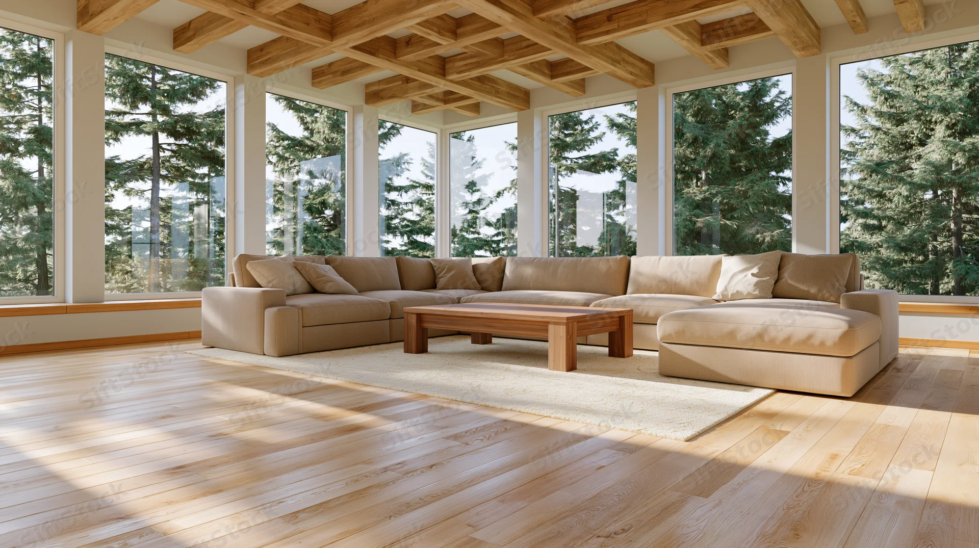 Spacious open-plan living room with sectional sofa and wooden beams overlooking forest through large windows