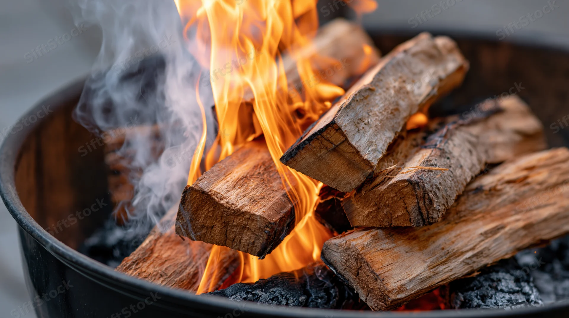 Burning hardwood logs in a round metal kettle firepit