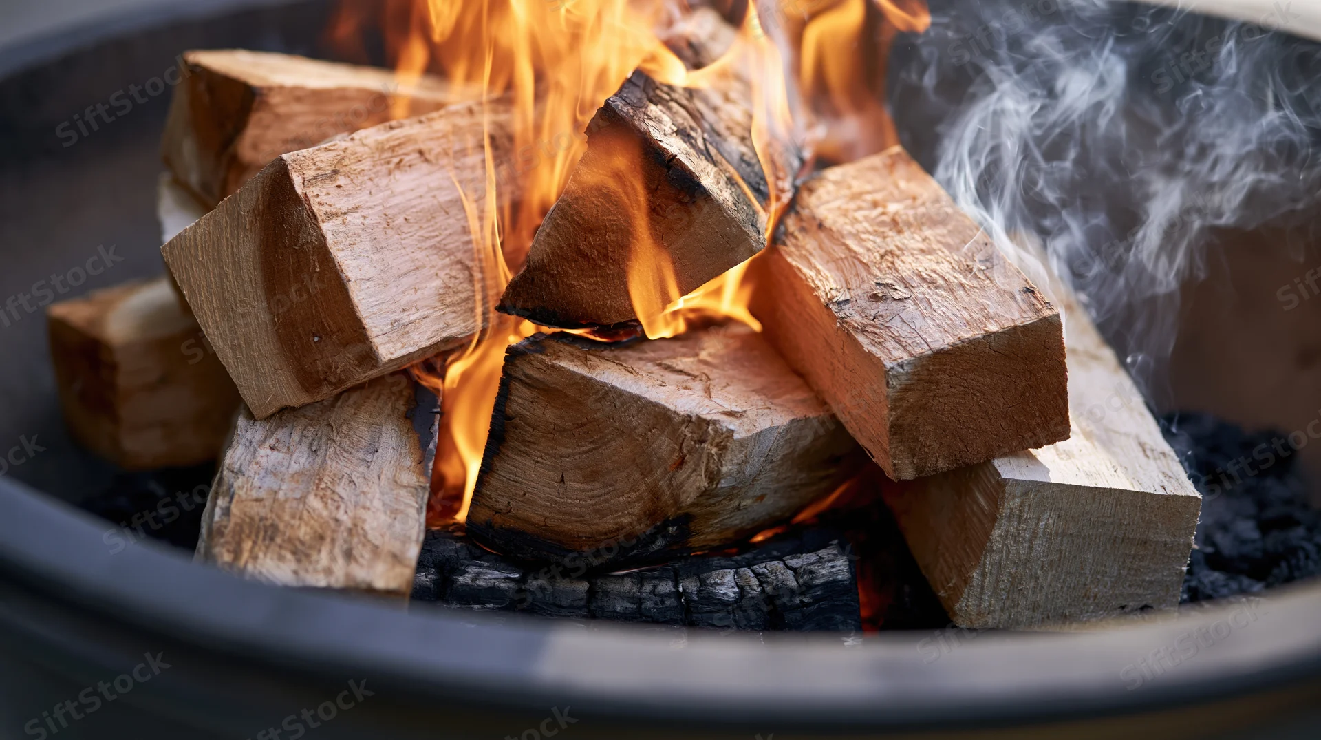 Hardwood logs burning in a round metal firepit