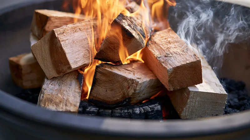 Hardwood logs burning in a round metal firepit