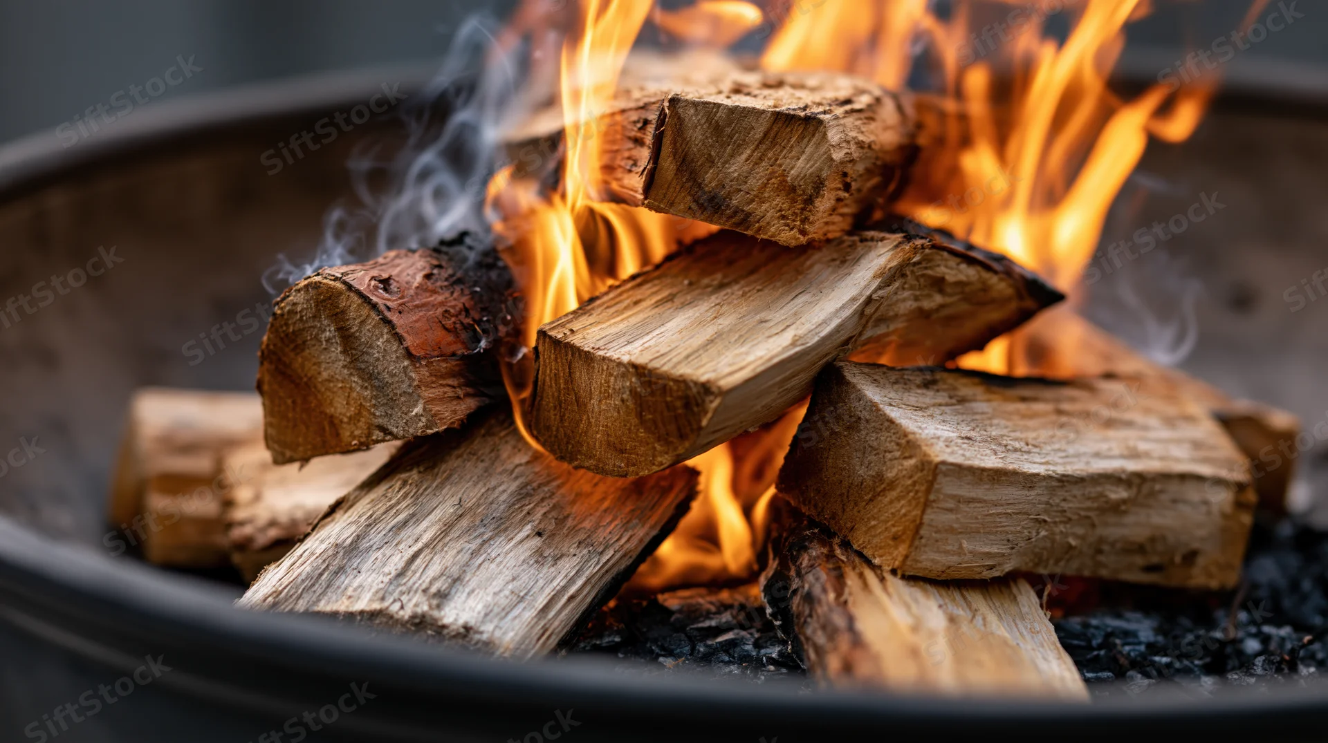Hardwood logs burning in a round metal firepit