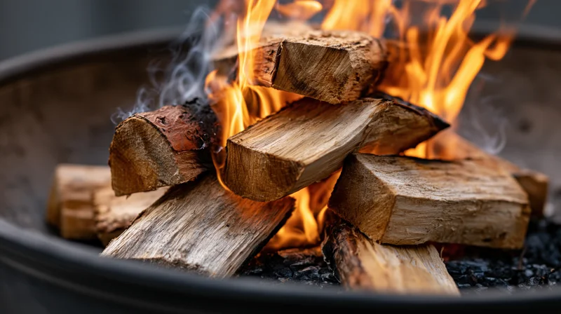 Hardwood logs burning in a round metal firepit