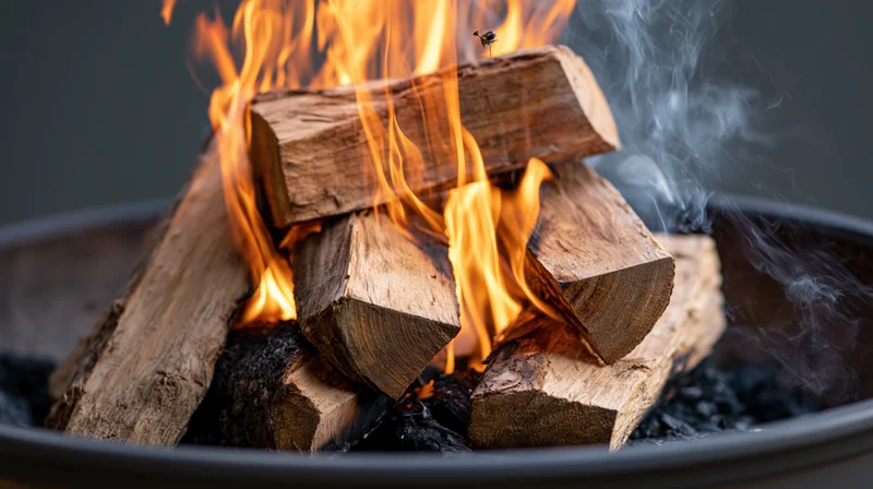 Burning hardwood logs in a round metal firepit with flames and smoke