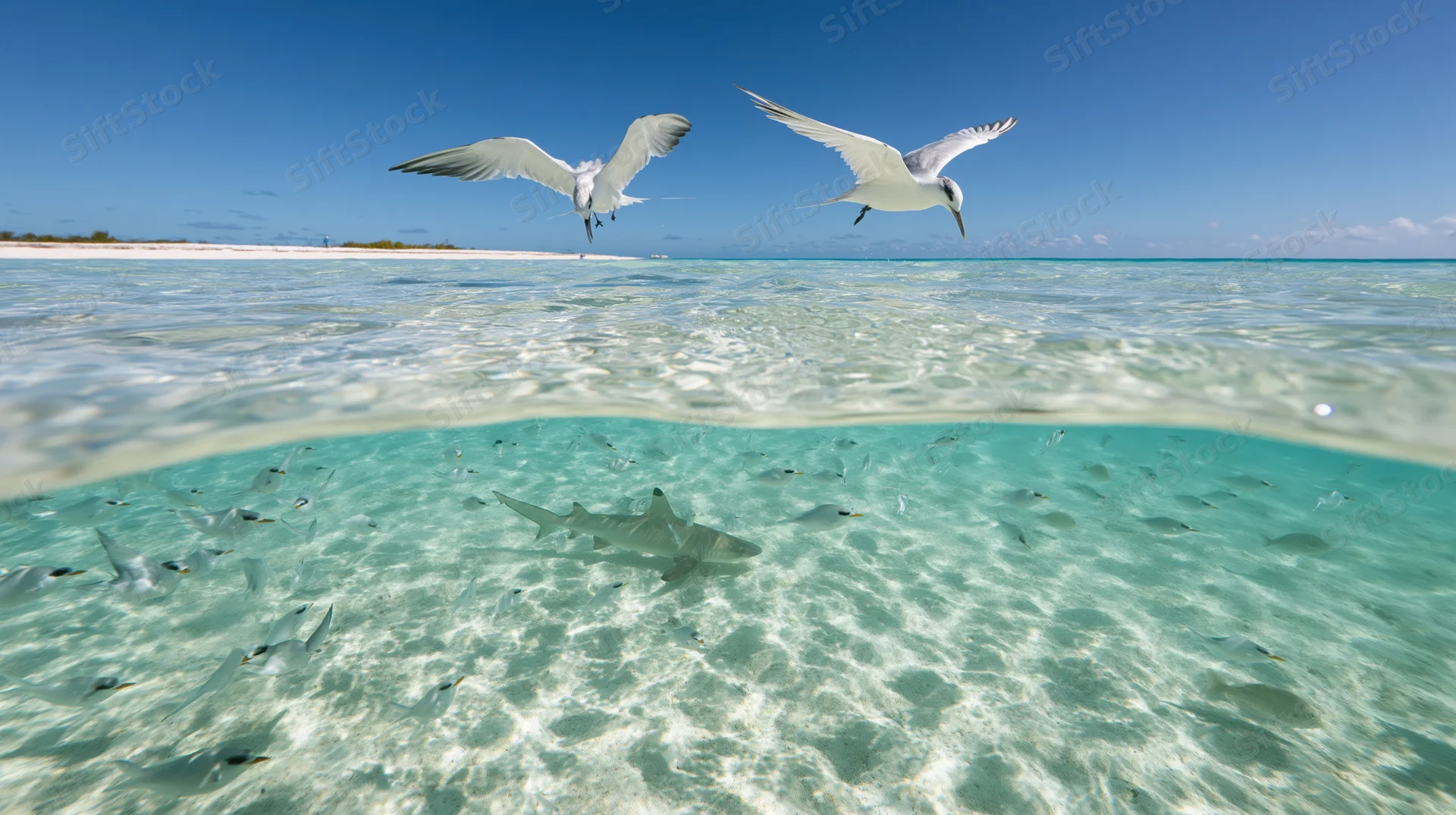 Split view of seagulls flying over shallow turquoise lagoon with shark and fish swimming below surface