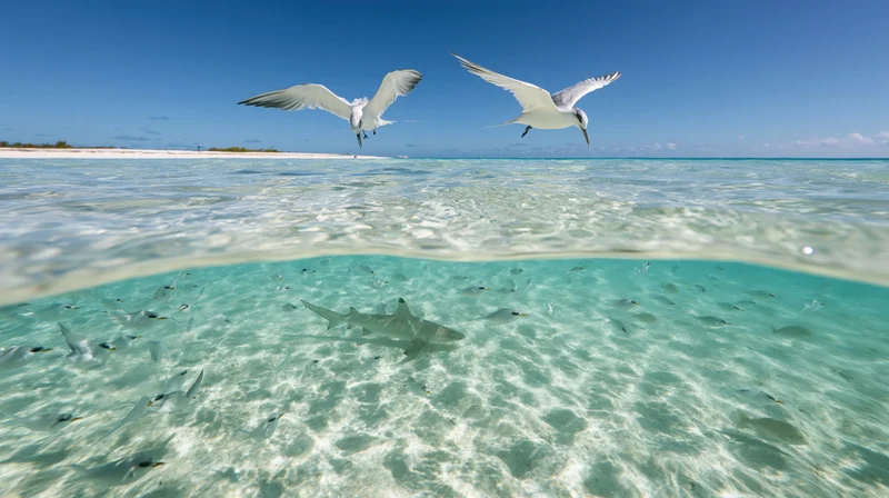 Split view of seagulls flying over shallow turquoise lagoon with shark and fish swimming below surface