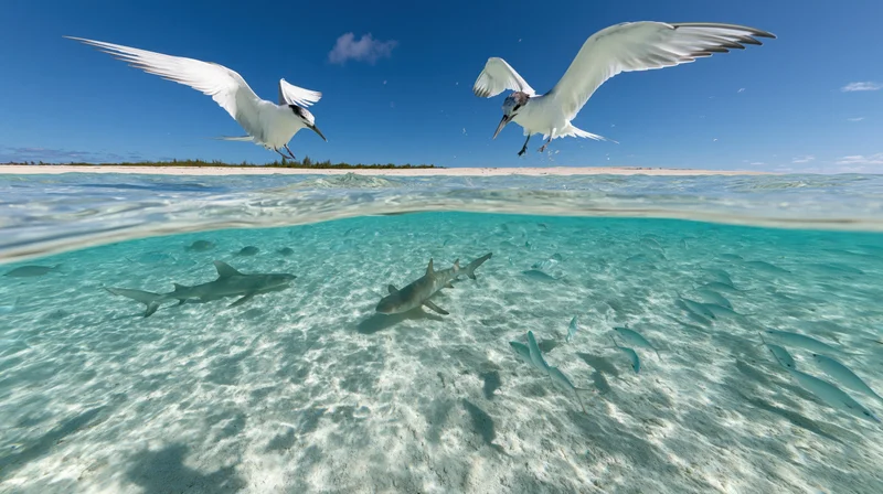 Split view of seabirds flying over shallow tropical lagoon with sharks and fish swimming below the surface