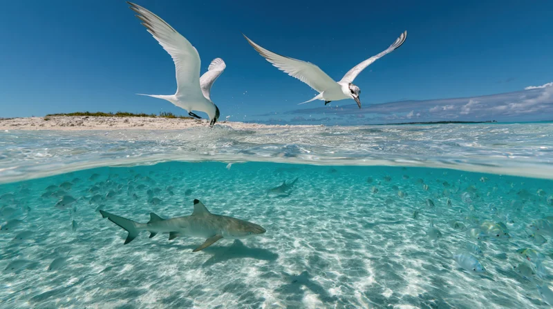 Shark swimming underwater in shallow tropical lagoon with seabirds flying above the surface