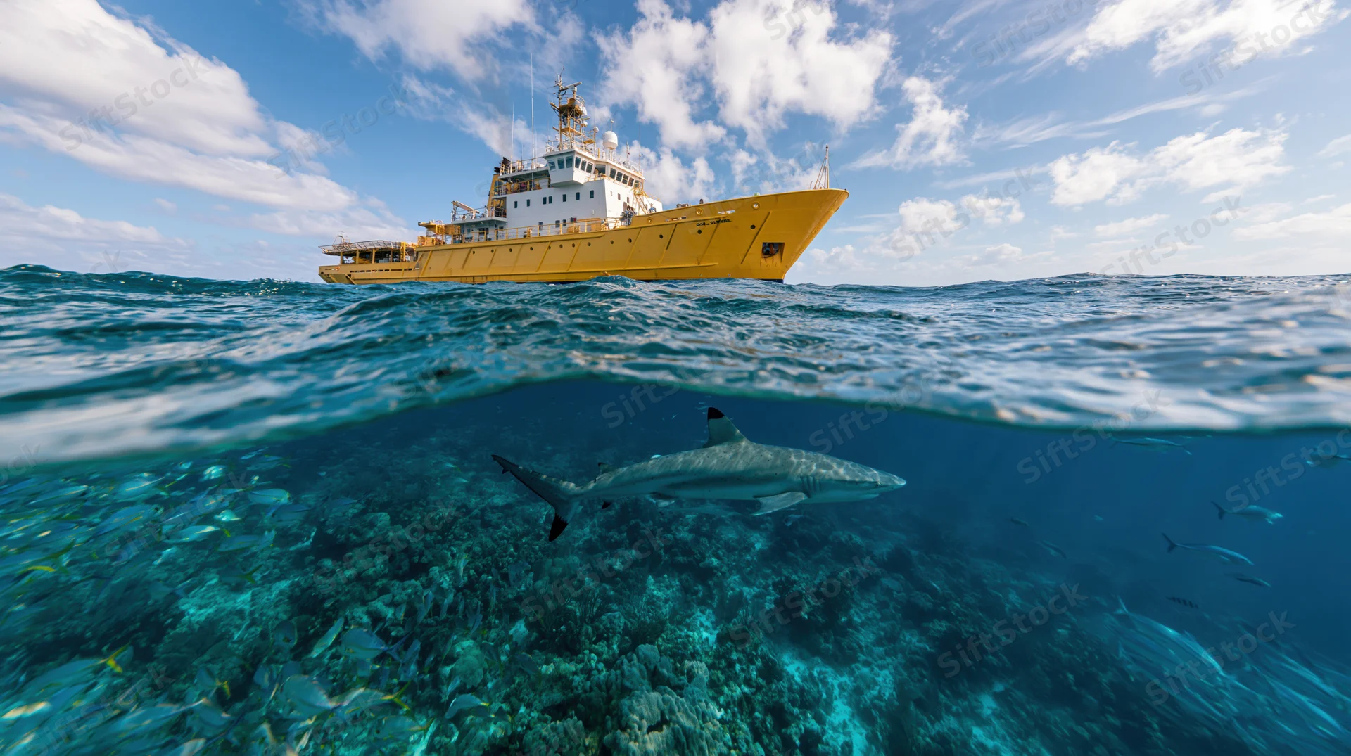 Yellow research vessel above water with shark swimming over coral reef below in split view