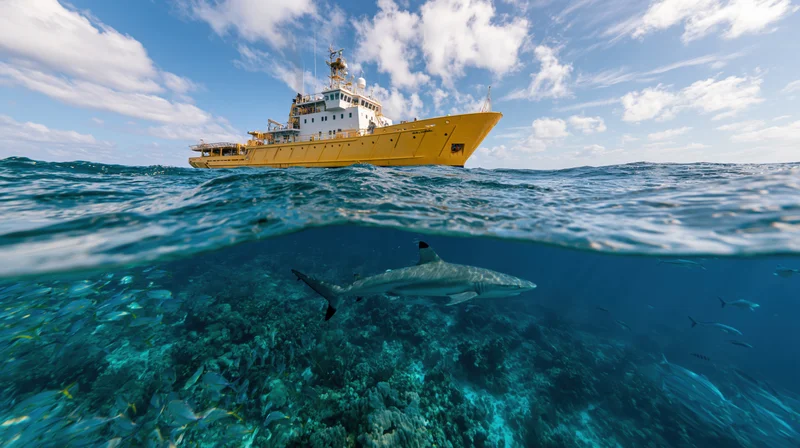 Yellow research vessel above water with shark swimming over coral reef below in split view