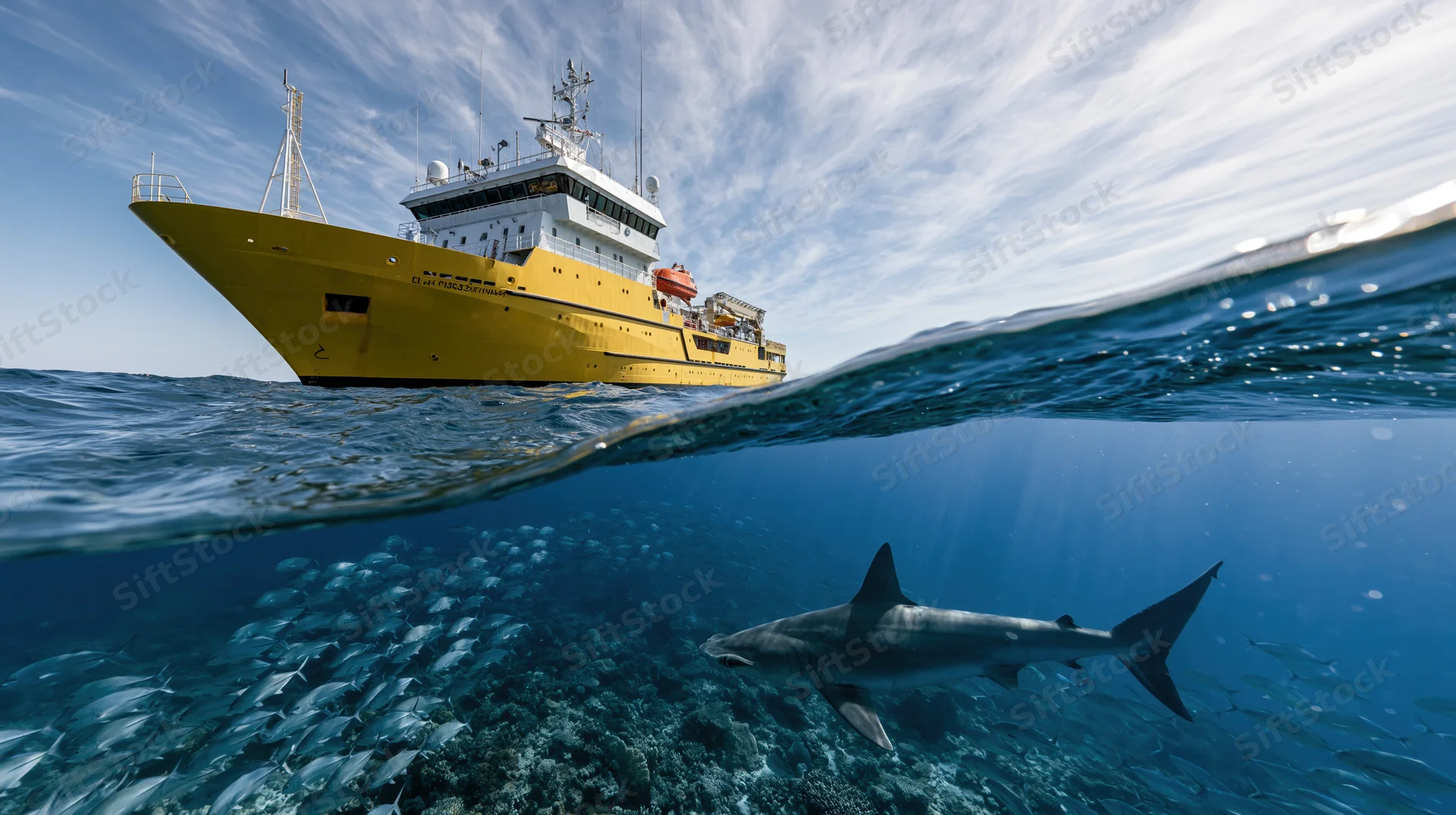 Yellow research vessel above water with shark swimming underwater near school of fish