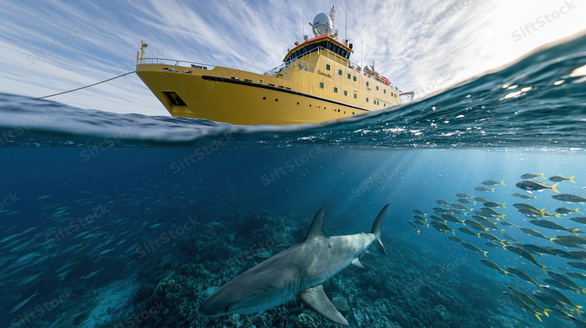 Shark swimming near coral reef with research vessel above water