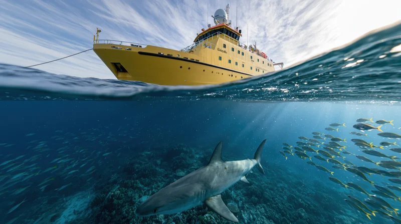 Shark swimming near coral reef with research vessel above water