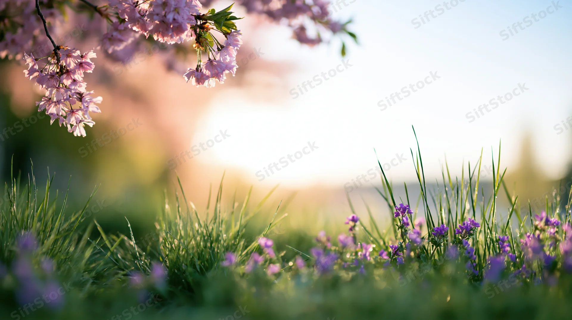 Cherry blossom branches hanging over green grass with purple wildflowers in spring garden at sunrise