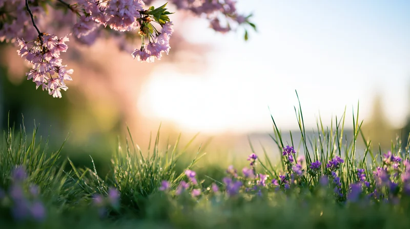 Cherry Blossom Branches Over a Sunny Meadow of Purple Wildfl