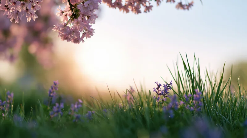 Cherry blossom branches hanging over green grass with purple wildflowers in spring garden