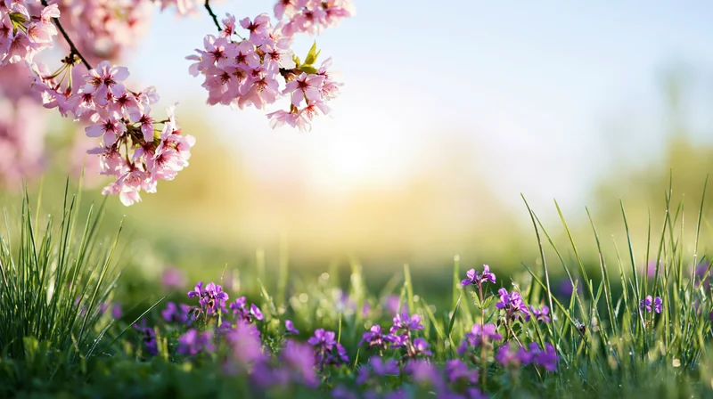 Cherry blossom branches hanging over a grassy meadow with purple wildflowers in spring sunlight