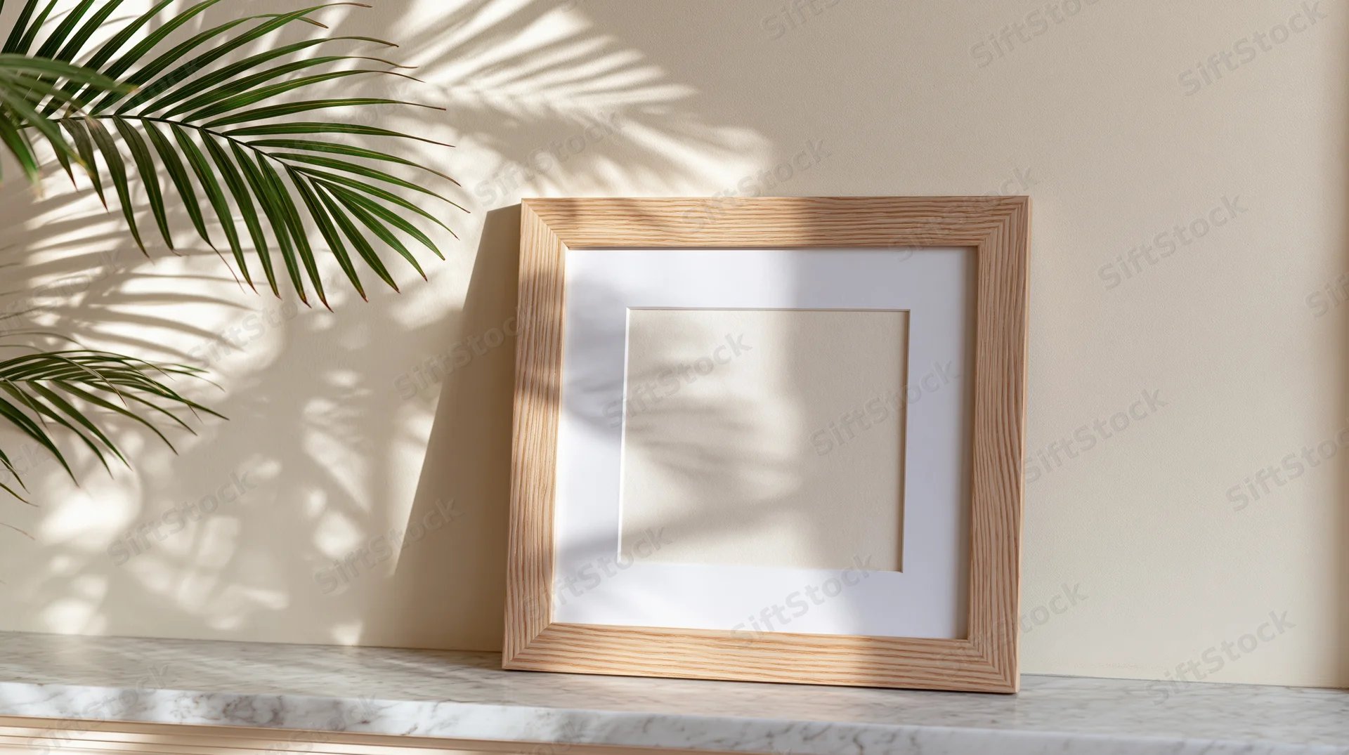 Square wooden picture frame with white mat leaning against a beige wall on a marble shelf beside a palm leaf casting shadows