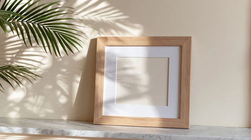 Square wooden picture frame with white mat leaning against a beige wall on a marble shelf beside a palm leaf casting shadows