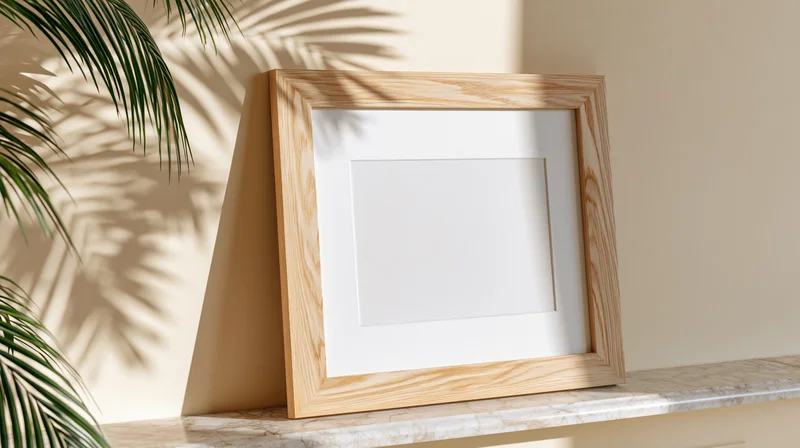 Wooden picture frame with white mat leaning on marble shelf beside palm plant