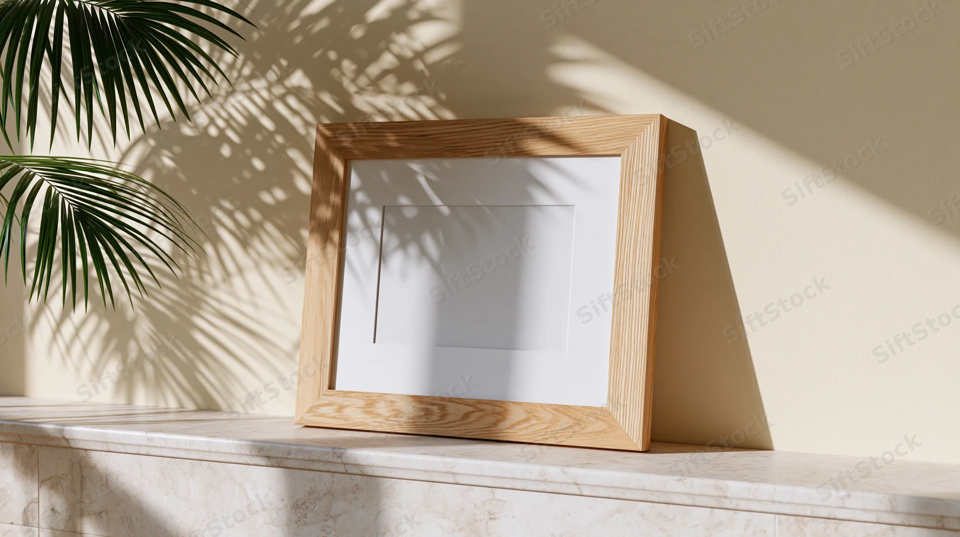 Wooden picture frame with white mat leaning on marble shelf beside palm leaves in sunlit interior