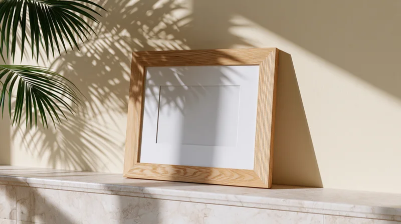 Wooden picture frame with white mat leaning on marble shelf beside palm leaves in sunlit interior