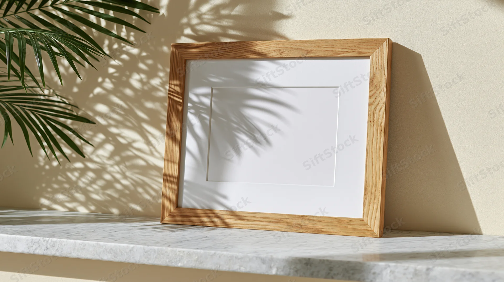 Wooden picture frame with white mat leaning on marble shelf beside palm plant, casting leaf shadows in sunlight