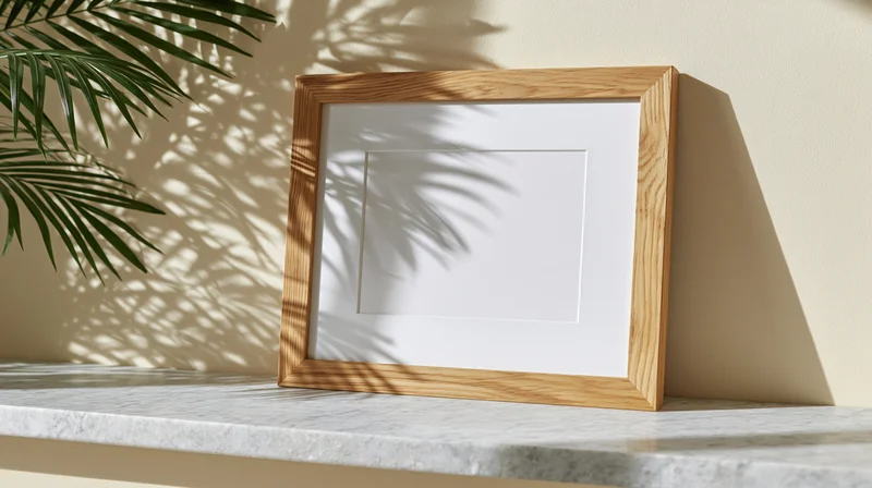 Wooden picture frame with white mat leaning on marble shelf beside palm plant, casting leaf shadows in sunlight