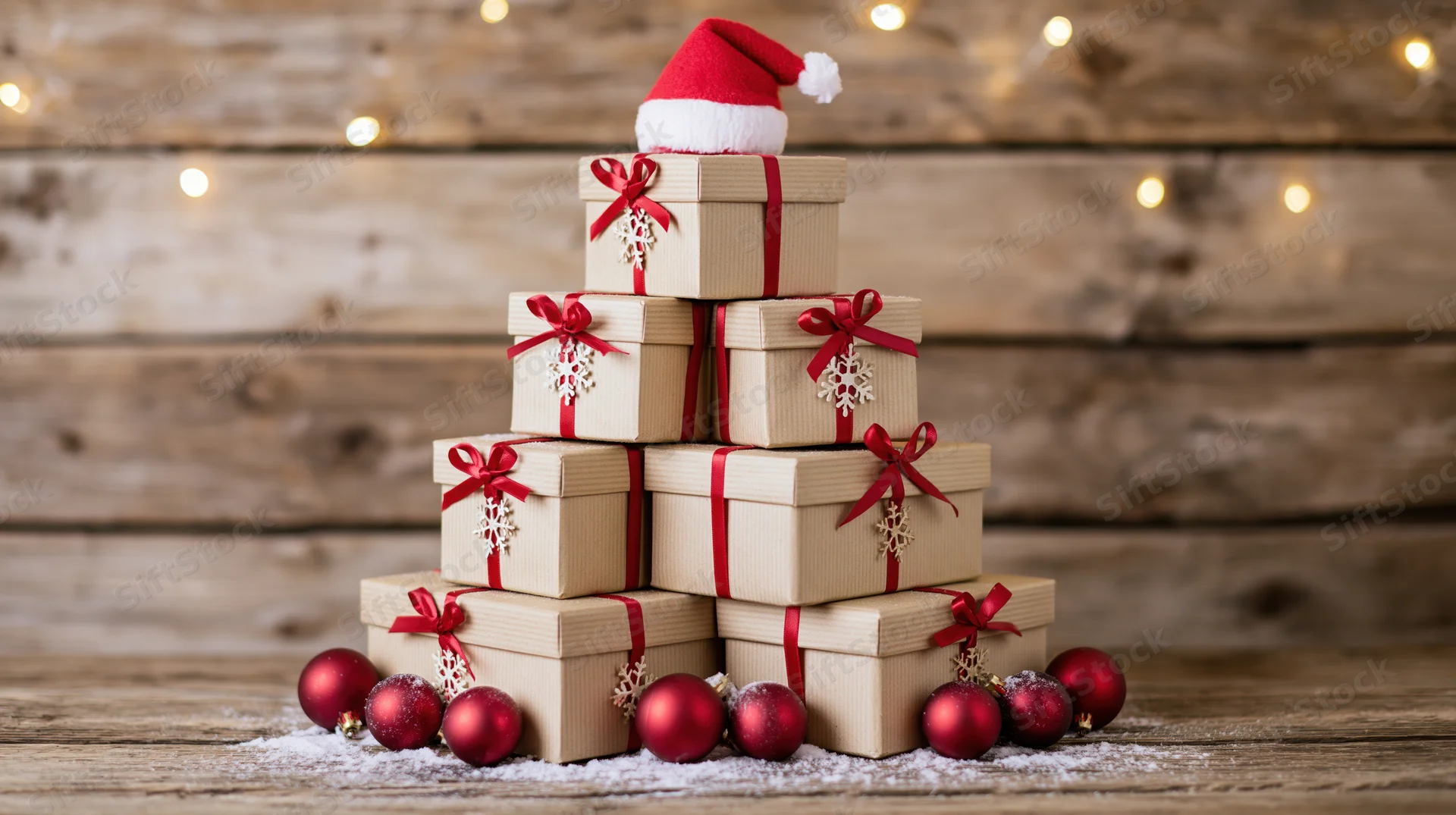 Stack of kraft paper gift boxes arranged in a christmas tree shape on wooden surface with red ornaments and santa hat on top