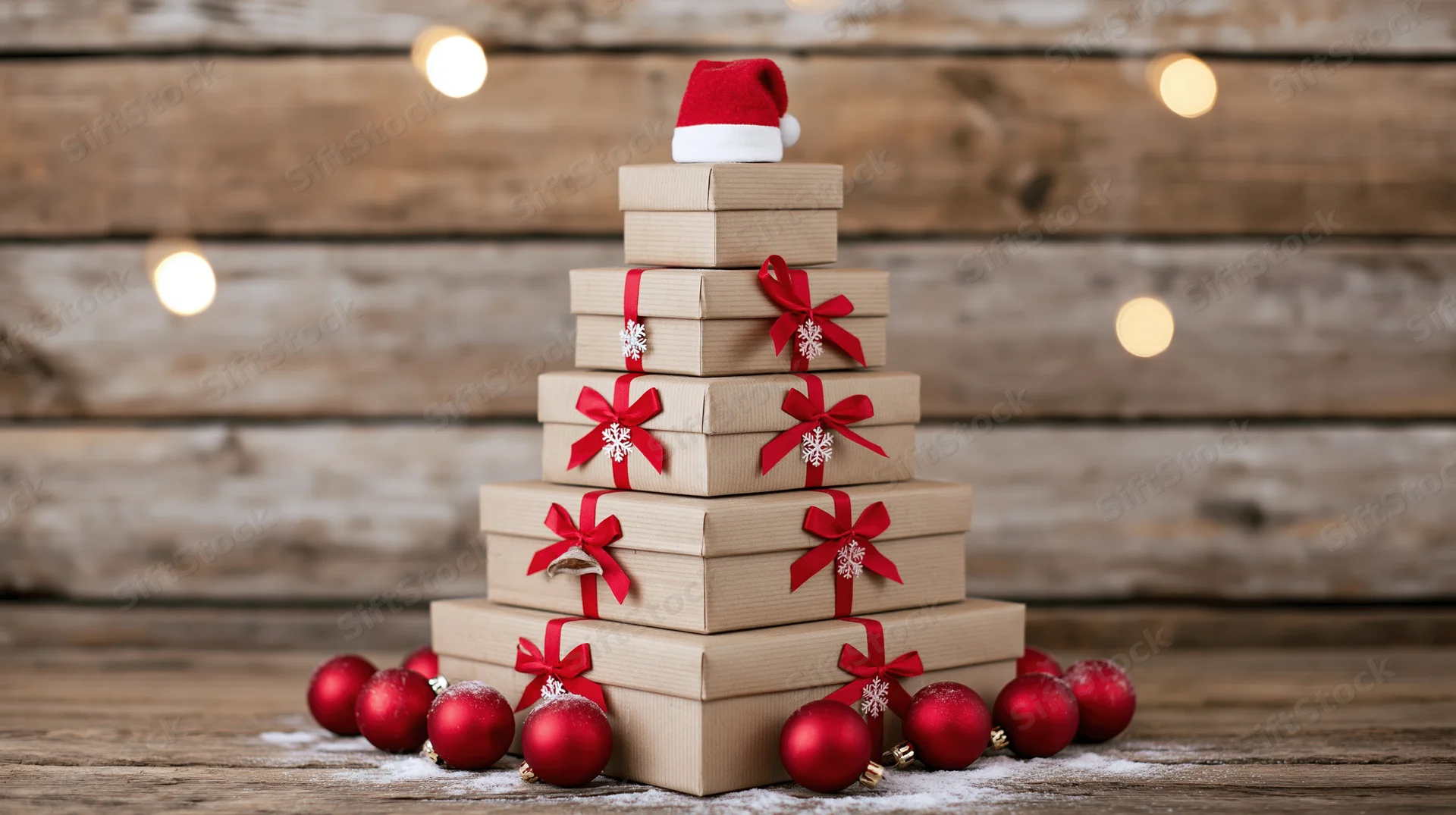 Stack of kraft paper gift boxes arranged in a christmas tree shape with red ribbons and ornaments on wooden surface