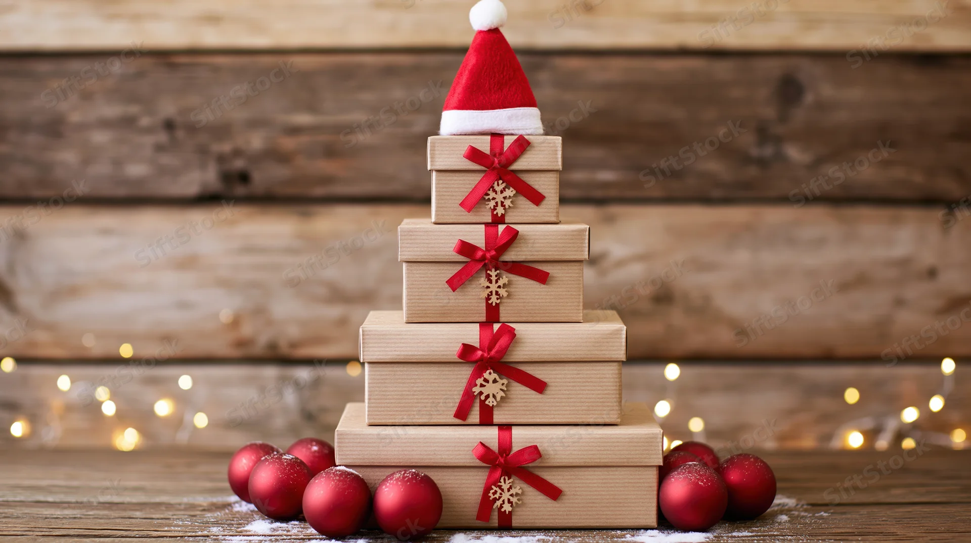 Stack of kraft paper gift boxes arranged in a christmas tree shape with red ribbons and a santa hat on top, surrounded by red ornaments and fairy lights on a wooden surface
