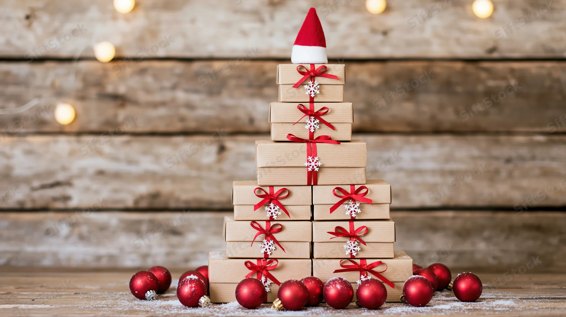 Stack of kraft paper gift boxes arranged in a christmas tree shape on wooden surface with red ornaments and string lights
