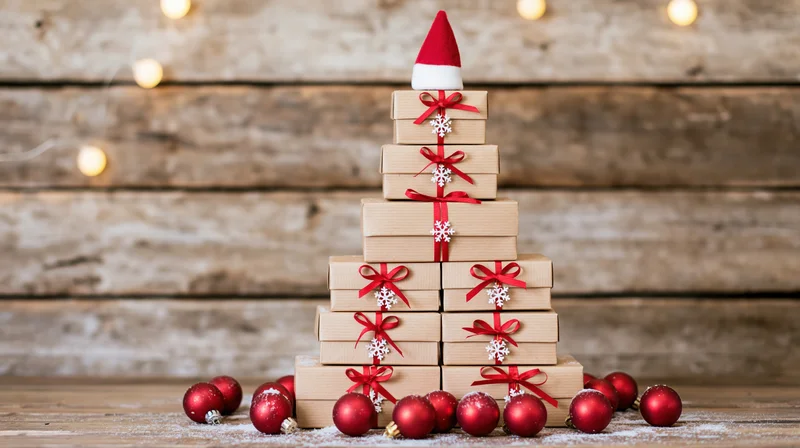 Stack of kraft paper gift boxes arranged in a christmas tree shape on wooden surface with red ornaments and string lights
