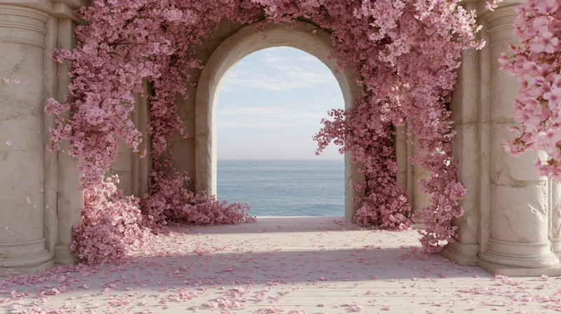 Stone archway covered in pink blossoms opening to ocean view