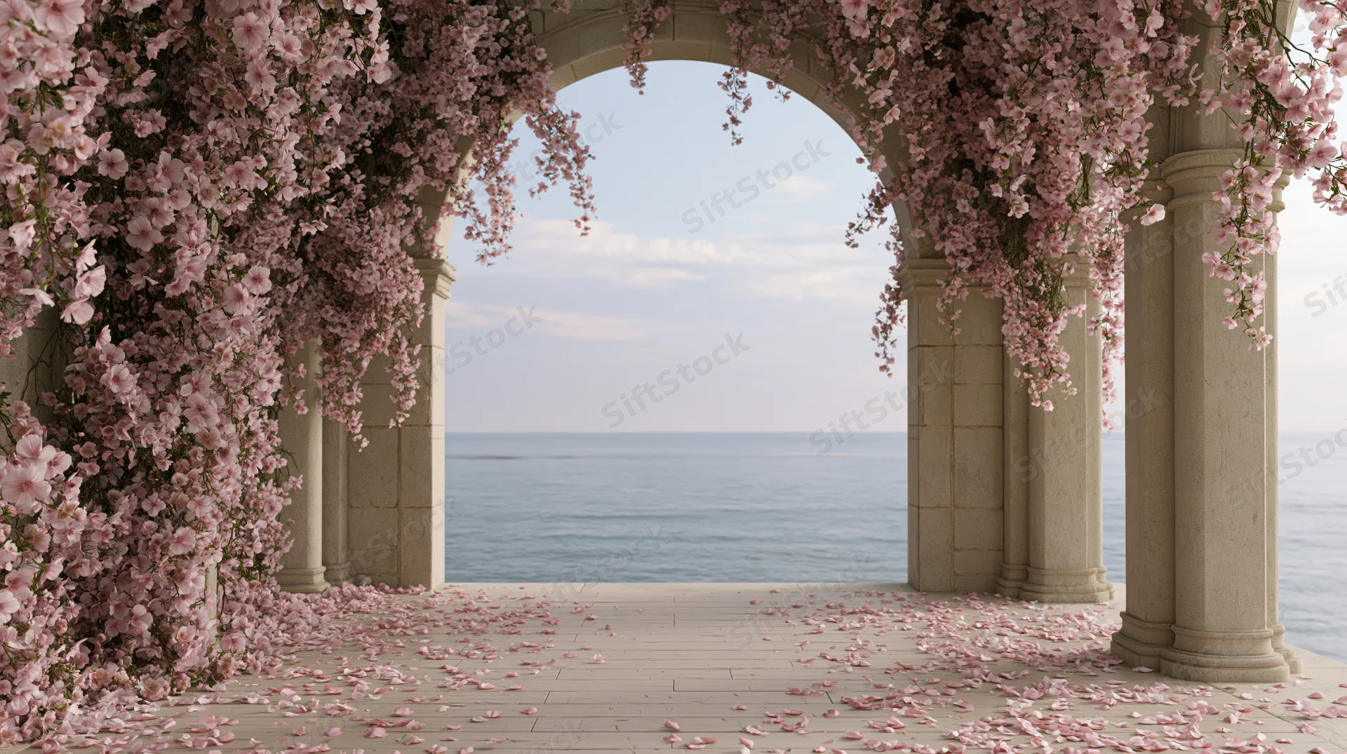 Stone archway colonnade covered in cascading pink blossoms overlooking the ocean