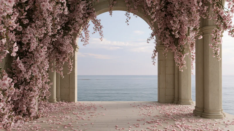 Stone archway colonnade covered in cascading pink blossoms overlooking the ocean
