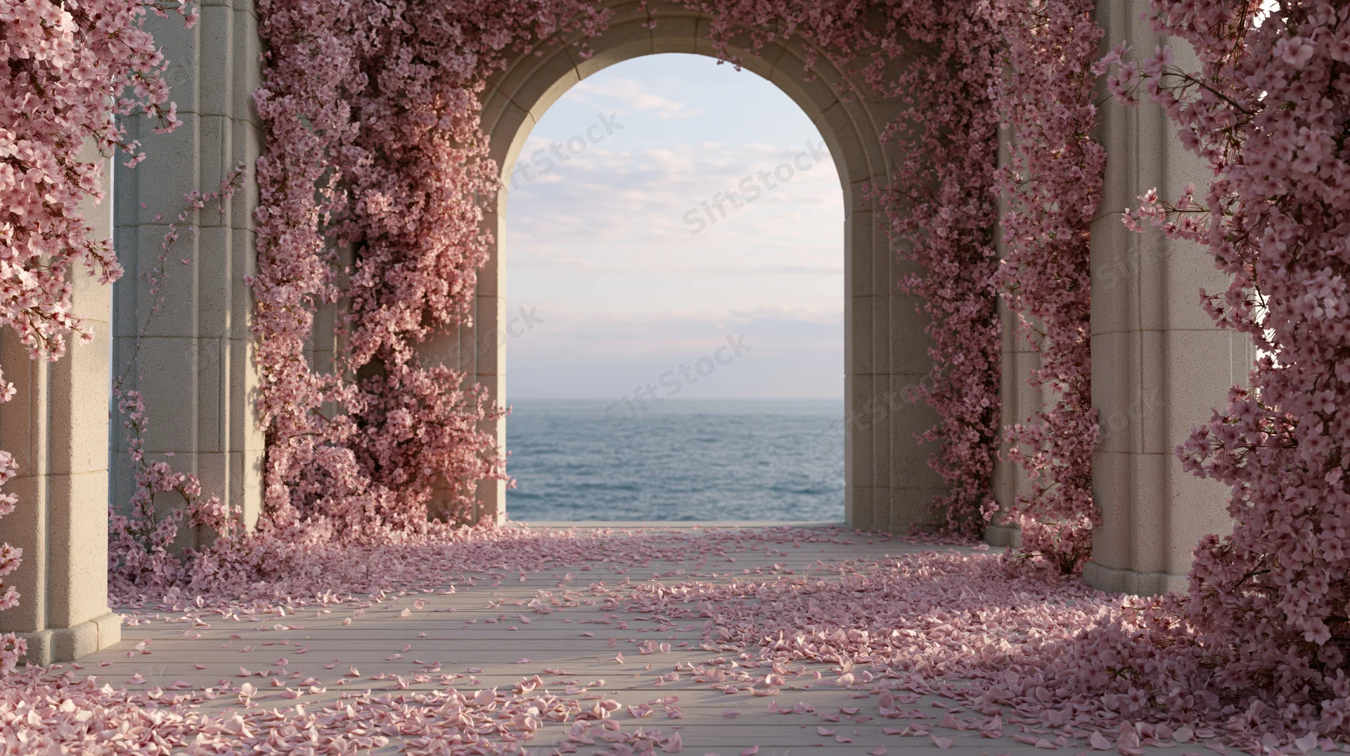 Stone archway covered in pink blossoms framing a view of the ocean