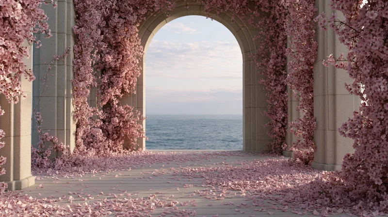 Stone archway covered in pink blossoms framing a view of the ocean