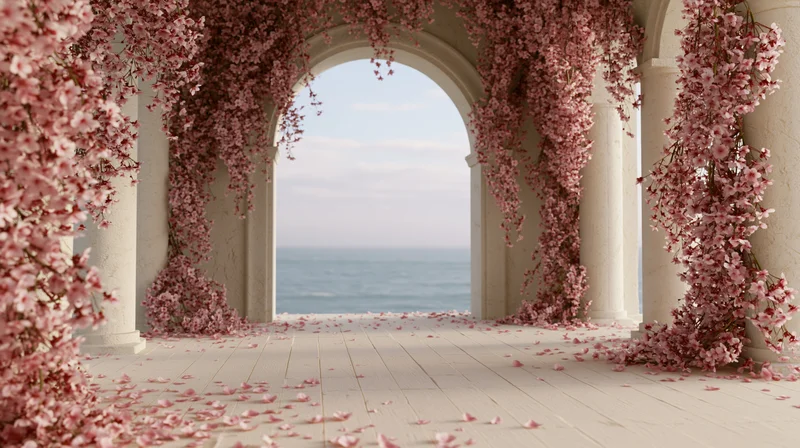 Stone archway colonnade covered in cascading pink blossoms overlooking ocean