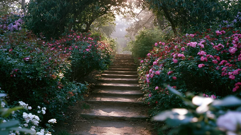 Stone steps ascending through a tunnel of blooming roses and green foliage in a garden