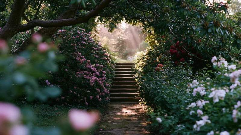 Stone steps ascending through a tunnel of flowering shrubs and trees in a garden