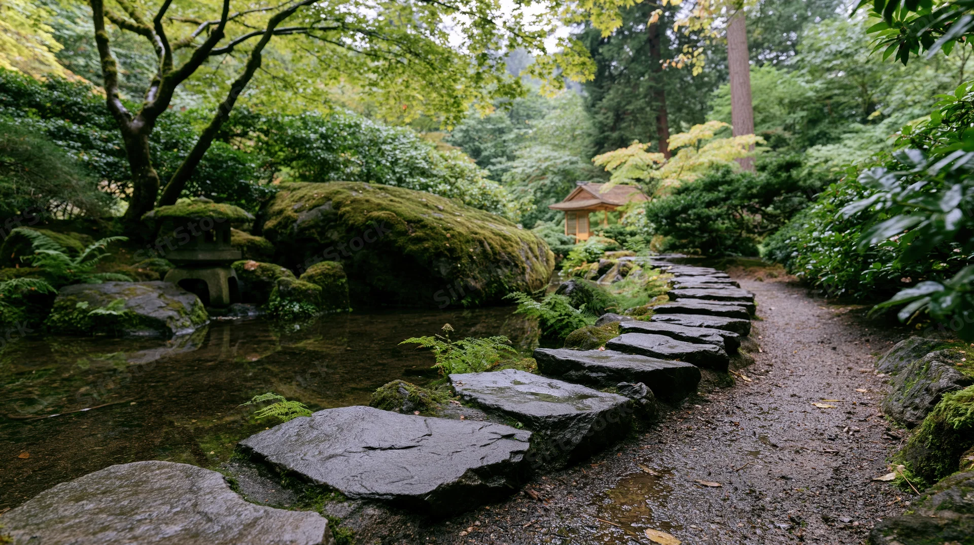 Stone stepping path curving alongside a narrow still-water pond in a lush green Japanese garden